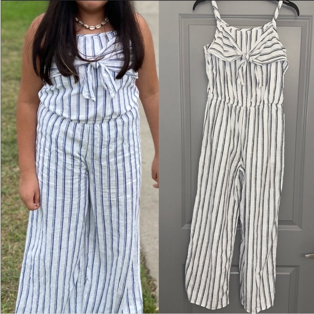 JUSTICE Striped White and Blue Jumpsuit